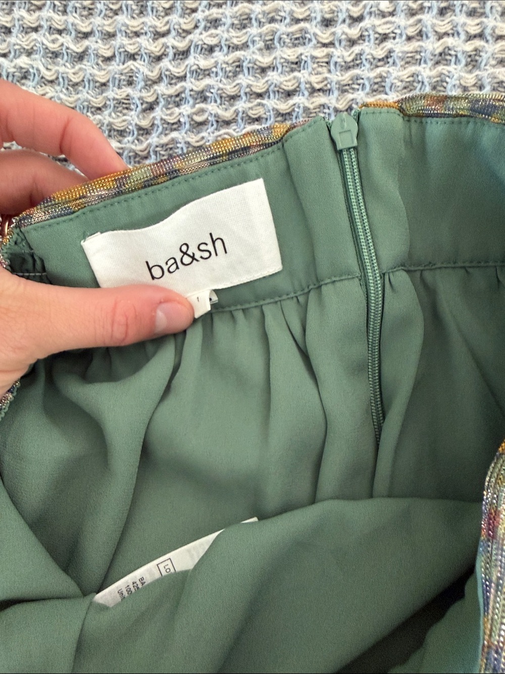 ba&sh Sage Green Lined Skirt with Multicolor Waistband - Picture 2 of 6